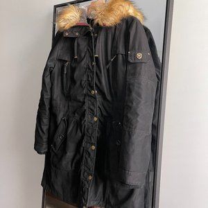 1 Madison expedition black faux fur lined long hooded coat jacket size large
